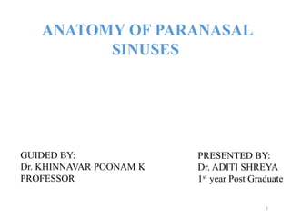 1
ANATOMY OF PARANASAL
SINUSES
PRESENTED BY:
Dr. ADITI SHREYA
1st year Post Graduate
GUIDED BY:
Dr. KHINNAVAR POONAM K
PROFESSOR
 
