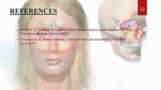 REFERENCES
 Malik N. A. Textbook Of Oral And Maxillofacial Surgery,Jaypee Brothers Medical
Publishers Ltd ;( 4th Edition)2015
 Chaurasia B. D. Human Anatomy, CBS publishers and distributers(7th edition)
vol.3,2015
33
 