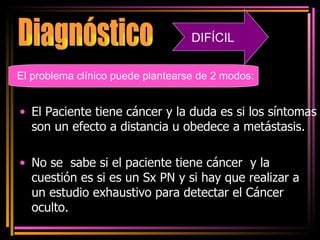 El Paciente tiene cáncer y la duda es si los síntomas son un efecto a distancia u obedece a metástasis. No se  sabe si el paciente tiene cáncer  y la cuestión es si es un Sx PN y si hay que realizar a un estudio exhaustivo para detectar el Cáncer oculto. Diagnóstico  DIFÍCIL El problema clínico puede plantearse de 2 modos: 