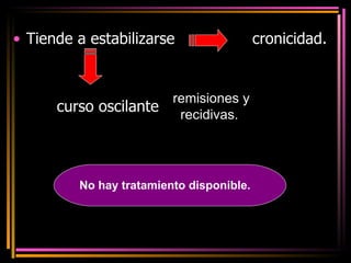 Tiende a estabilizarse  cronicidad. curso oscilante remisiones y recidivas.  No hay tratamiento disponible. 
