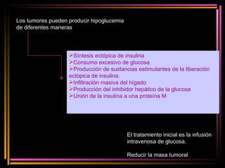 Los tumores pueden producir hipoglucemia de diferentes maneras Síntesis ectópica de insulina Consumo excesivo de glucosa Producción de sustancias estimulantes de la liberación ectópica de insulina. Infiltración masiva del hígado Producción del inhibidor hepático de la glucosa Unión de la insulina a una proteína M El tratamiento inicial es la infusión intravenosa de glucosa. Reducir la masa tumoral 