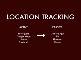 LOCATION TRACKING
ACTIVE

PASSIVE

!

!

Foursquare
Google Maps
Strava
Facebook

Camera App
Siri
Placeme
Moves

!

!

 