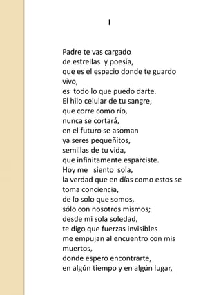 I

Padre te vas cargado
de estrellas y poesía,
que es el espacio donde te guardo
vivo,
es todo lo que puedo darte.
El hilo celular de tu sangre,
que corre como río,
nunca se cortará,
en el futuro se asoman
ya seres pequeñitos,
semillas de tu vida,
que infinitamente esparciste.
Hoy me siento sola,
la verdad que en días como estos se
toma conciencia,
de lo solo que somos,
sólo con nosotros mismos;
desde mi sola soledad,
te digo que fuerzas invisibles
me empujan al encuentro con mis
muertos,
donde espero encontrarte,
en algún tiempo y en algún lugar,

 