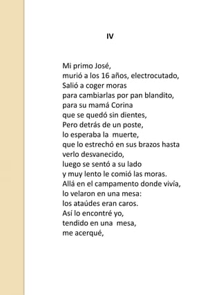 IV

Mi primo José,
murió a los 16 años, electrocutado,
Salió a coger moras
para cambiarlas por pan blandito,
para su mamá Corina
que se quedó sin dientes,
Pero detrás de un poste,
lo esperaba la muerte,
que lo estrechó en sus brazos hasta
verlo desvanecido,
luego se sentó a su lado
y muy lento le comió las moras.
Allá en el campamento donde vivía,
lo velaron en una mesa:
los ataúdes eran caros.
Así lo encontré yo,
tendido en una mesa,
me acerqué,

 
