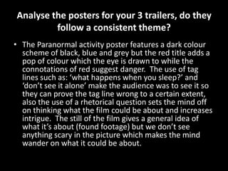 Analyse the posters for your 3 trailers, do they
follow a consistent theme?
• The Paranormal activity poster features a dark colour
scheme of black, blue and grey but the red title adds a
pop of colour which the eye is drawn to while the
connotations of red suggest danger. The use of tag
lines such as: ‘what happens when you sleep?’ and
‘don’t see it alone’ make the audience was to see it so
they can prove the tag line wrong to a certain extent,
also the use of a rhetorical question sets the mind off
on thinking what the film could be about and increases
intrigue. The still of the film gives a general idea of
what it’s about (found footage) but we don’t see
anything scary in the picture which makes the mind
wander on what it could be about.
 
