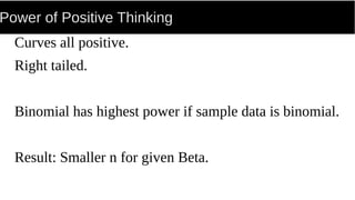 Power of Positive Thinking
Curves all positive.
Right tailed.
Binomial has highest power if sample data is binomial.
Result: Smaller n for given Beta.
 