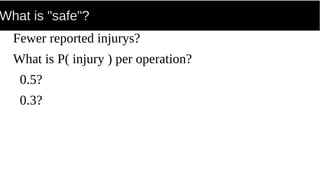 What is "safe"?
Fewer reported injurys?
What is P( injury ) per operation?
0.5?
0.3?
 