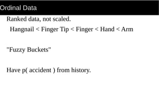 Ordinal Data
Ranked data, not scaled.
Hangnail < Finger Tip < Finger < Hand < Arm
"Fuzzy Buckets"
Have p( accident ) from history.
 