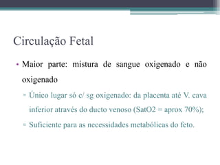 Circulação Fetal
• Maior parte: mistura de sangue oxigenado e não
oxigenado
▫ Único lugar só c/ sg oxigenado: da placenta até V. cava
inferior através do ducto venoso (SatO2 = aprox 70%);
▫ Suficiente para as necessidades metabólicas do feto.
 