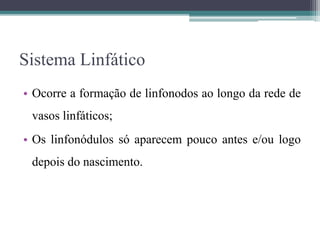 Sistema Linfático
• Ocorre a formação de linfonodos ao longo da rede de
vasos linfáticos;
• Os linfonódulos só aparecem pouco antes e/ou logo
depois do nascimento.
 