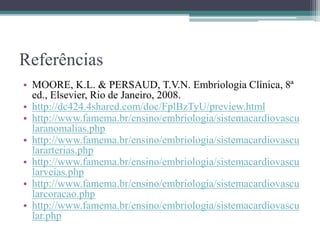 Referências
• MOORE, K.L. & PERSAUD, T.V.N. Embriologia Clínica, 8ª
ed., Elsevier, Rio de Janeiro, 2008.
• http://dc424.4shared.com/doc/FplBzTyU/preview.html
• http://www.famema.br/ensino/embriologia/sistemacardiovascu
laranomalias.php
• http://www.famema.br/ensino/embriologia/sistemacardiovascu
lararterias.php
• http://www.famema.br/ensino/embriologia/sistemacardiovascu
larveias.php
• http://www.famema.br/ensino/embriologia/sistemacardiovascu
larcoracao.php
• http://www.famema.br/ensino/embriologia/sistemacardiovascu
lar.php
 