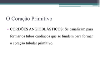 O Coração Primitivo
• CORDÕES ANGIOBLÁSTICOS: Se canalizam para
formar os tubos cardíacos que se fundem para formar
o coração tubular primitivo.
 