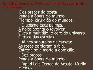 Dos braços do poeta
Pende a ópera do mundo
(Tempo, cirurgião do mundo):
O abismo bate palmas,
A noite aponta o revólver.
Ouço a multidão, o coro do universo,
O trote das estrelas
Já nos subúrbios da caneta:
As rosas perderam a fala.
Entrega-se a morte a domicílio.
Dos braços…
Pende a ópera do mundo.
(apud Laís Correa de Araújo, Murilo
Mendes,
12 - Relacione imagens e textos aos movimentos de vanguarda a
que se referem:
 