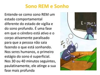 Sono REM e Sonho
Entende-se como sono REM um
estado comportamental
diferente do estado de vigília e
do sono profundo. É uma fase
em que o cérebro está ativo e o
corpo ativamente paralisado
para que a pessoa não saia
fazendo o que está sonhando.
Nos seres humanos, o primeiro
estágio do sono é superficial.
Nos 30 ou 40 minutos seguintes,
paulatinamente, ele atinge a sua
fase mais profunda
 