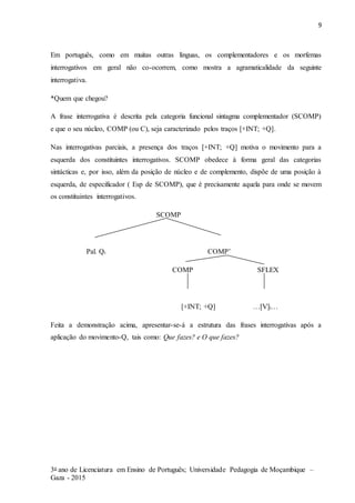 9
3o ano de Licenciatura em Ensino de Português; Universidade Pedagogia de Moçambique –
Gaza - 2015
Em português, como em muitas outras línguas, os complementadores e os morfemas
interrogativos em geral não co-ocorrem, como mostra a agramaticalidade da seguinte
interrogativa.
*Quem que chegou?
A frase interrogativa é descrita pela categoria funcional sintagma complementador (SCOMP)
e que o seu núcleo, COMP (ou C), seja caracterizado pelos traços [+INT; +Q].
Nas interrogativas parciais, a presença dos traços [+INT; +Q] motiva o movimento para a
esquerda dos constituintes interrogativos. SCOMP obedece à forma geral das categorias
sintácticas e, por isso, além da posição de núcleo e de complemento, dispõe de uma posição à
esquerda, de especificador ( Esp de SCOMP), que é precisamente aquela para onde se movem
os constituintes interrogativos.
SCOMP
Pal. Qi COMP’
COMP SFLEX
[+INT; +Q] …[V]i…
Feita a demonstração acima, apresentar-se-á a estrutura das frases interrogativas após a
aplicação do movimento-Q, tais como: Que fazes? e O que fazes?
 