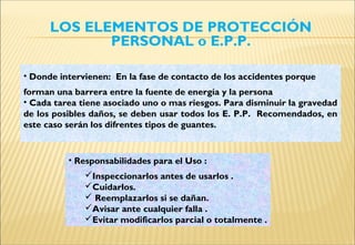 LOS ELEMENTOS DE PROTECCIÓN
PERSONAL o E.P.P.
• Donde intervienen: En la fase de contacto de los accidentes porque
forman una barrera entre la fuente de energía y la persona
• Cada tarea tiene asociado uno o mas riesgos. Para disminuir la gravedad
de los posibles daños, se deben usar todos los E. P.P. Recomendados, en
este caso serán los difrentes tipos de guantes.
• Responsabilidades para el Uso :
Inspeccionarlos antes de usarlos .
Cuidarlos.
 Reemplazarlos si se dañan.
Avisar ante cualquier falla .
Evitar modificarlos parcial o totalmente .
 