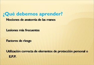 Nociones de anatomía de las manos
Lesiones más frecuentes
Factores de riesgo
Utilización correcta de elementos de protección personal o
E.P.P.
¿Qué debemos aprender?
 