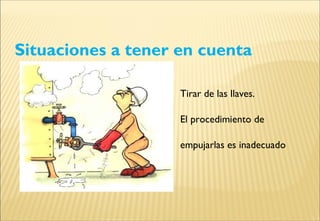 Situaciones a tener en cuenta
Tirar de las llaves.
El procedimiento de
empujarlas es inadecuado
 