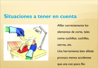 Situaciones a tener en cuenta
Afilar correctamente los
elementos de corte, tales
como cuchillos, cuchillas,
sierras, etc.
Una herramienta bien afilada
provoca menos accidentes
que una con poco filo
 