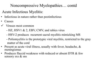 Acute Infectious Myelitis:
• Infectious in nature rather than postinfectious
• Causes
 Viruses most common
- HZ, HSV1 & 2, EBV, CMV, and rabies virus
- HSV-2 produces recurrent sacral myelitis mimicking MS
- Poliomyelitis is the prototypic viral myelitis, restricted to the gray
matter of the cord
• Present as acute viral illness, usually with fever, headache, &
meningismus
• Produces flaccid weakness with reduced or absent DTR & few
sensory sxs & sns
Noncompressive Myelopathies… contd
 