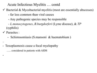 Bacterial & Mycobacterial myelitis (most are essentially abscesses)
- far less common than viral causes
- Any pathogenic species may be responsible
- L.monocytogenes, B.burgdorferi (Lyme disease), & TP
(syphilis)
 Parasites :
- Schistosomiasis (S.mansoni & haematobium )
..
- Toxoplasmosis cause a focal myelopathy
…. considered in patients with AIDS
-
Acute Infectious Myelitis … contd
 