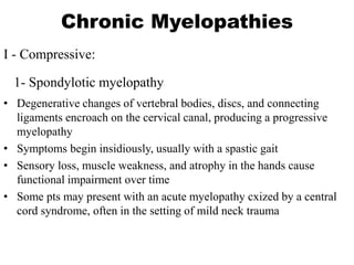 Chronic Myelopathies
I - Compressive:
1- Spondylotic myelopathy
• Degenerative changes of vertebral bodies, discs, and connecting
ligaments encroach on the cervical canal, producing a progressive
myelopathy
• Symptoms begin insidiously, usually with a spastic gait
• Sensory loss, muscle weakness, and atrophy in the hands cause
functional impairment over time
• Some pts may present with an acute myelopathy cxized by a central
cord syndrome, often in the setting of mild neck trauma
 