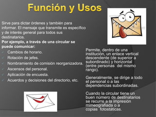 Sirve para dictar órdenes y también para 
informar. El mensaje que transmite es específico 
y de interés general para todos sus 
destinatarios. 
Por ejemplo, a través de una circular se 
puede comunicar: 
 Cambios de horario. 
 Rotación de jefes. 
 Nombramiento de comisión reorganizadora. 
 Ascensos del personal. 
 Aplicación de encuesta. 
 Acuerdos y decisiones del directorio, etc. 
Permite, dentro de una 
institución, un enlace vertical 
descendente (de superior a 
subordinado) y horizontal 
(entre personas del mismo 
rango). 
Generalmente, se dirige a todo 
el personal o a las 
dependencias subordinadas. 
Cuando la circular tiene un 
buen número de destinatarios 
se recurre a la impresión 
mimeografiada o a 
copias fotostáticas. 
 