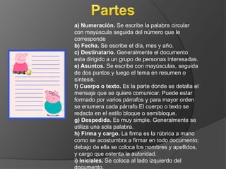 a) Numeración. Se escribe la palabra circular 
con mayúscula seguida del número que le 
corresponde 
b) Fecha. Se escribe el día, mes y año. 
c) Destinatario. Generalmente el documento 
esta dirigido a un grupo de personas interesadas. 
e) Asuntos. Se escribe con mayúsculas, seguida 
de dos puntos y luego el tema en resumen o 
síntesis. 
f) Cuerpo o texto. Es la parte donde se detalla el 
mensaje que se quiere comunicar. Puede estar 
formado por varios párrafos y para mayor orden 
se enumera cada párrafo.El cuerpo o texto se 
redacta en el estilo bloque o semibloque. 
g) Despedida. Es muy simple. Generalmente se 
utiliza una sola palabra. 
h) Firma y cargo. La firma es la rúbrica a mano 
como se acostumbra a firmar en todo documento; 
debajo de ella se coloca los nombres y apellidos, 
y cargo que ostenta la autoridad. 
i) Iniciales. Se coloca al lado izquierdo del 
documento. 
