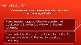 WHY USE Q.A.R.?
Fluent readers appropriately integrate their
background knowledge with what the text
suggests.
They seek, identity, and combine information from
various places within the text to construct
meaning.
Current research on schema theory, text structure,
and metacognition finds:
 