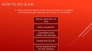 HOW TO DO Q.A.R.:
 Using a gradual release model, teacher begins by modeling
and then gradually relinquishing the tasks to the students.
Reads selection of
text
Asks a question
Considers and
states the answer
States the Q.A.R.
Gives explanation
for the choice
 