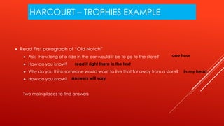 HARCOURT – TROPHIES EXAMPLE
 Read First paragraph of “Old Notch”
 Ask: How long of a ride in the car would it be to go to the store?
 How do you know?
 Why do you think someone would want to live that far away from a store?
 How do you know?
Two main places to find answers
one hour
read it right there in the text
in my head
Answers will vary
 