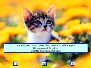 Uma sala, tem quatro cantos. Em cada canto está um gato.
Cada gato vê três gatos.
Quantos gatos estão na sala?
41216
 