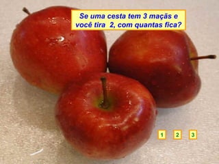 Se uma cesta tem 3 maçãs e
você tira 2, com quantas fica?




                        1   2    3
 