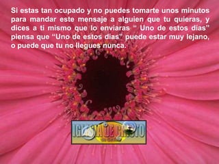 Si estas tan ocupado y no puedes tomarte unos minutos para mandar este mensaje a alguien que tu quieras, y dices a ti mismo que lo enviaras “ Uno de estos días” piensa que “Uno de estos días” puede estar muy lejano, o puede que tu no llegues nunca.