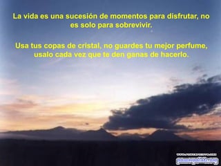 La vida es una sucesión de momentos para disfrutar, no
es solo para sobrevivir.
Usa tus copas de cristal, no guardes tu mejor perfume,
usalo cada vez que te den ganas de hacerlo.

 