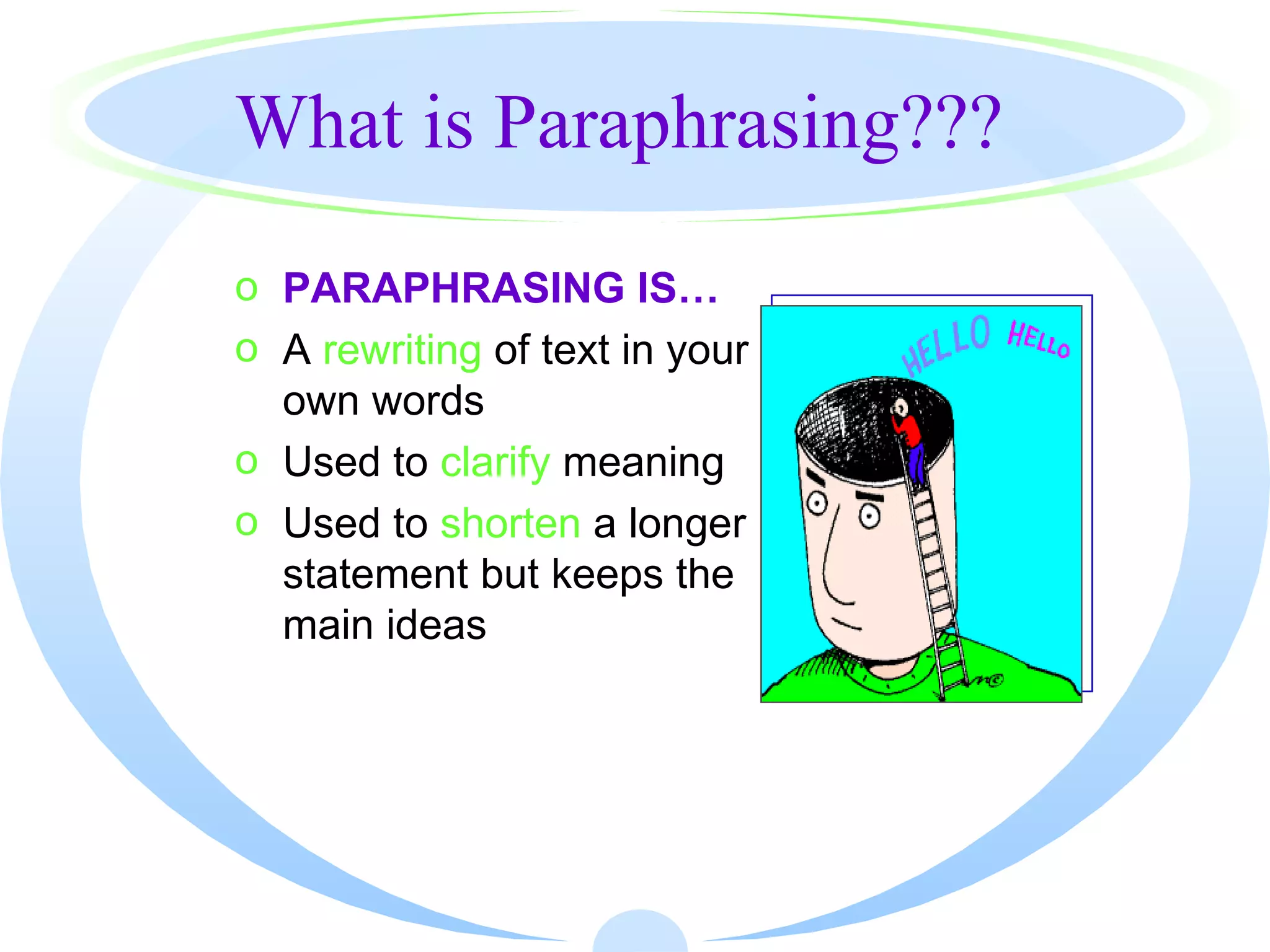 What is Paraphrasing???
o PARAPHRASING IS…
o A rewriting of text in your
  own words
o Used to clarify meaning
o Used to shorten a longer
  statement but keeps the
  main ideas
 