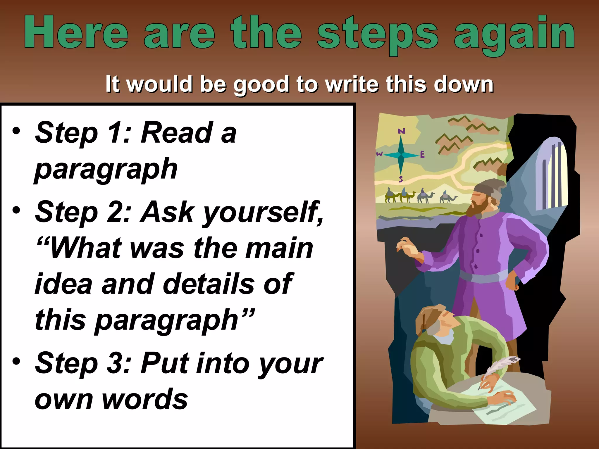 It would be good to write this down Step 1: Read a paragraph Step 2: Ask yourself, “What was the main idea and details of this paragraph” Step 3: Put into your own words Here are the steps again 