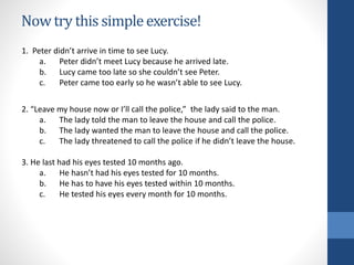 Nowtry this simpleexercise!
1. Peter didn’t arrive in time to see Lucy.
a. Peter didn’t meet Lucy because he arrived late.
b. Lucy came too late so she couldn’t see Peter.
c. Peter came too early so he wasn’t able to see Lucy.
2. “Leave my house now or I’ll call the police,” the lady said to the man.
a. The lady told the man to leave the house and call the police.
b. The lady wanted the man to leave the house and call the police.
c. The lady threatened to call the police if he didn’t leave the house.
3. He last had his eyes tested 10 months ago.
a. He hasn’t had his eyes tested for 10 months.
b. He has to have his eyes tested within 10 months.
c. He tested his eyes every month for 10 months.
 
