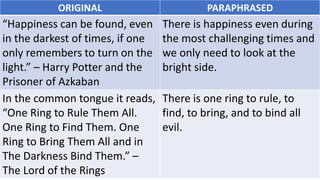ORIGINAL PARAPHRASED
“Happiness can be found, even
in the darkest of times, if one
only remembers to turn on the
light.” – Harry Potter and the
Prisoner of Azkaban
There is happiness even during
the most challenging times and
we only need to look at the
bright side.
In the common tongue it reads,
“One Ring to Rule Them All.
One Ring to Find Them. One
Ring to Bring Them All and in
The Darkness Bind Them.” –
The Lord of the Rings
There is one ring to rule, to
find, to bring, and to bind all
evil.
 