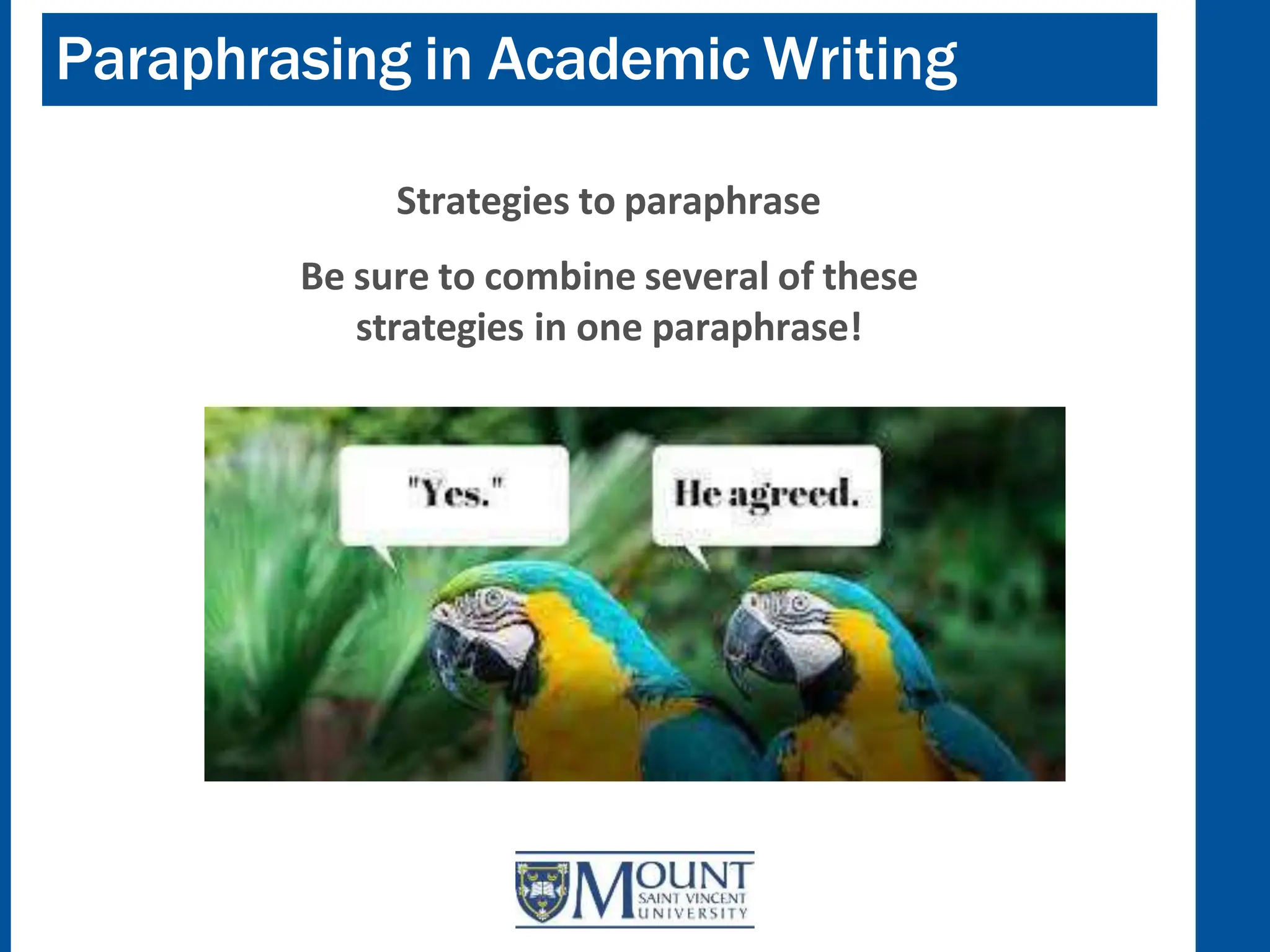 Paraphrasing in Academic Writing
Strategies to paraphrase
Be sure to combine several of these
strategies in one paraphrase!
 