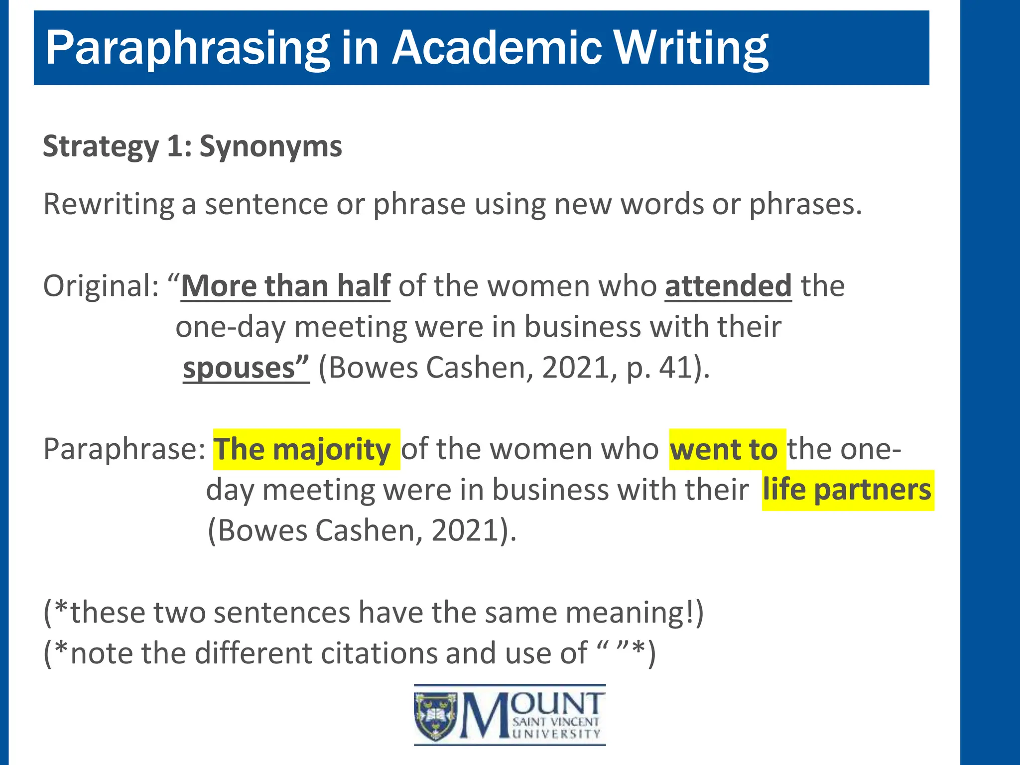 Paraphrasing in Academic Writing
Strategy 1: Synonyms
Rewriting a sentence or phrase using new words or phrases.
Original: “More than half of the women who attended the
one-day meeting were in business with their
spouses” (Bowes Cashen, 2021, p. 41).
The majority
Paraphrase: of the women who went to the one-
day meeting were in business with their life partners
(Bowes Cashen, 2021).
(*these two sentences have the same meaning!)
(*note the different citations and use of “ ”*)
 