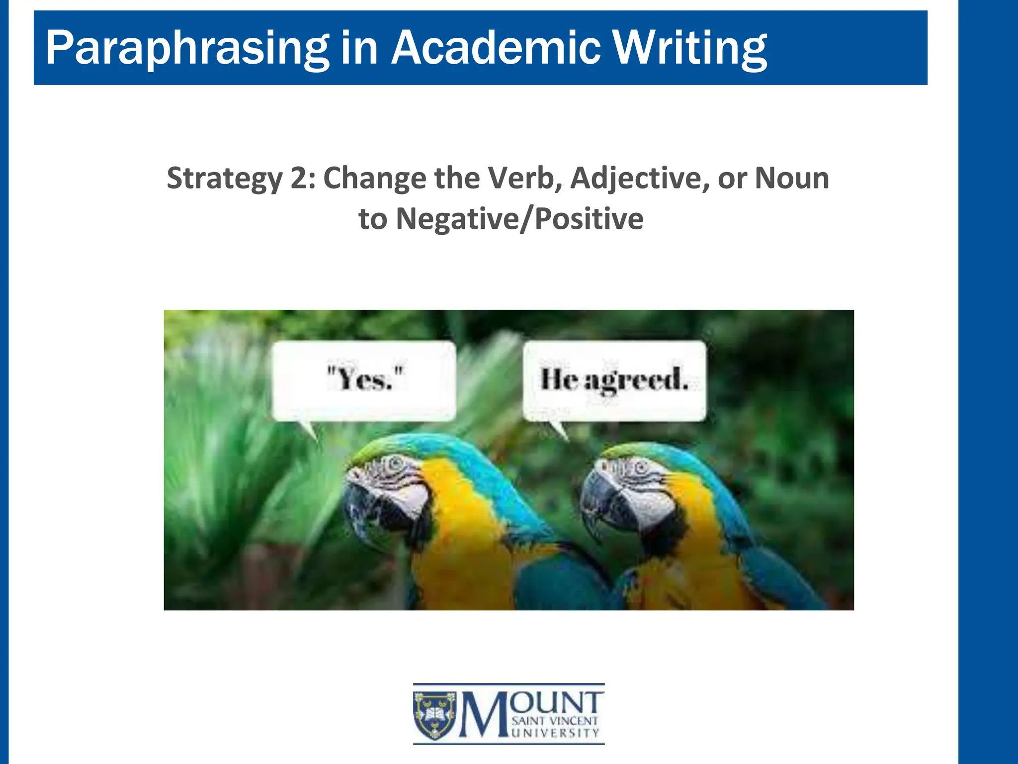 Paraphrasing in Academic Writing
Strategy 2: Change the Verb, Adjective, or Noun
to Negative/Positive
 