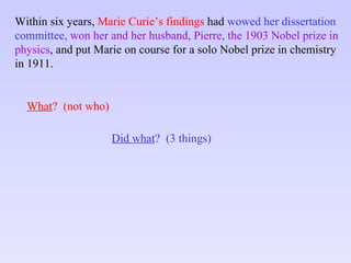 Within six years,  Marie Curie’s findings  had  wowed her dissertation committee,   won her and her husband, Pierre, the 1903 Nobel prize in physics , and put Marie on course for a solo Nobel prize in chemistry in 1911. What ?  (not who) Did what ?  (3 things) 