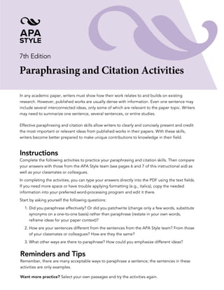 Paraphrasing And Citation Activities 7th Ed