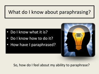 What do I know about paraphrasing?


• Do I know what it is?
• Do I know how to do it?
• How have I paraphrased?



   So, how do I feel about my ability to paraphrase?
 