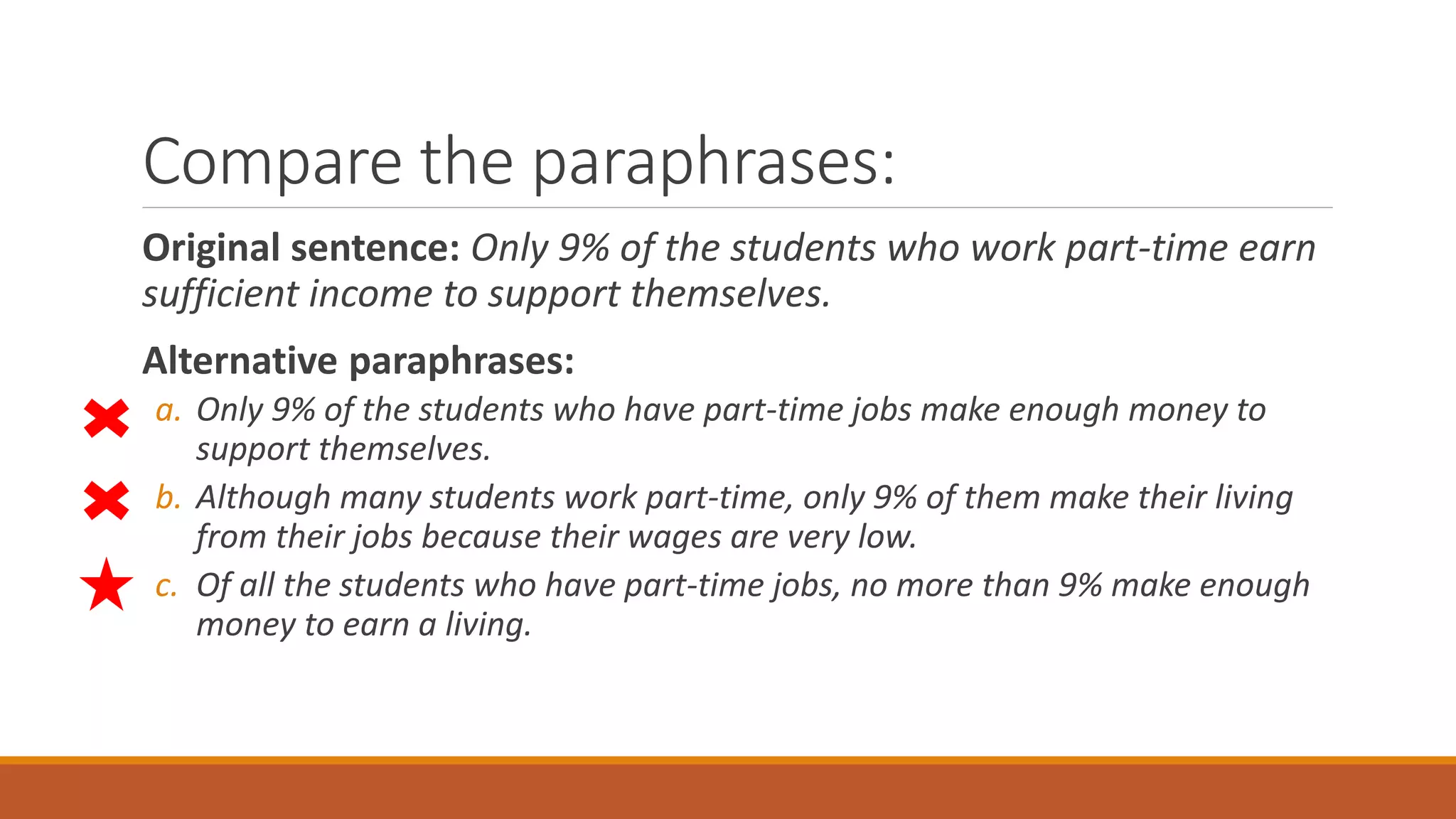 Compare the paraphrases:
Original sentence: Only 9% of the students who work part-time earn
sufficient income to support themselves.
Alternative paraphrases:
a. Only 9% of the students who have part-time jobs make enough money to
support themselves.
b. Although many students work part-time, only 9% of them make their living
from their jobs because their wages are very low.
c. Of all the students who have part-time jobs, no more than 9% make enough
money to earn a living.
 