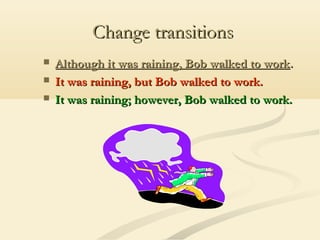 Change transitions




Although it was raining, Bob walked to work.
It was raining, but Bob walked to work.
It was raining; however, Bob walked to work.

 