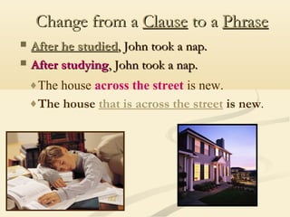 Change from a Clause to a Phrase



After he studied, John took a nap.
After studying, John took a nap.
♦The house across the street is new.
♦The house that is across the street is new.

 