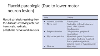 Flaccid paraplegia (Due to lower motor
neuron lesion)
Flaccid paralysis resulting from
the diseases involving anterior
horns cells, radicals,
peripheral nerves and muscles
 