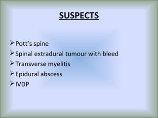 SUSPECTS

 Pott’s spine
 Spinal extradural tumour with bleed
 Transverse myelitis
 Epidural abscess
 IVDP
 